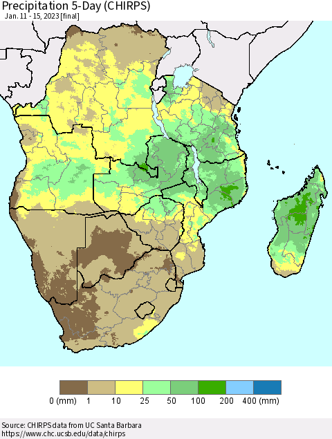Southern Africa Precipitation 5-Day (CHIRPS) Thematic Map For 1/11/2023 - 1/15/2023