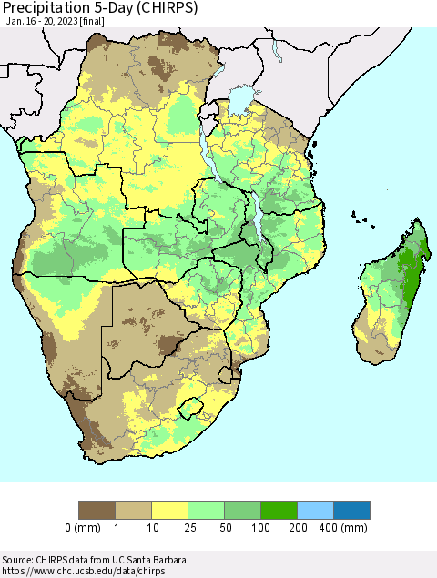 Southern Africa Precipitation 5-Day (CHIRPS) Thematic Map For 1/16/2023 - 1/20/2023
