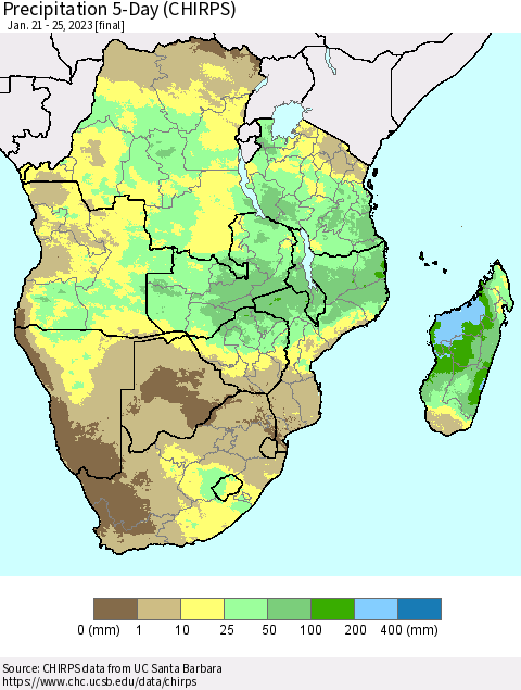 Southern Africa Precipitation 5-Day (CHIRPS) Thematic Map For 1/21/2023 - 1/25/2023