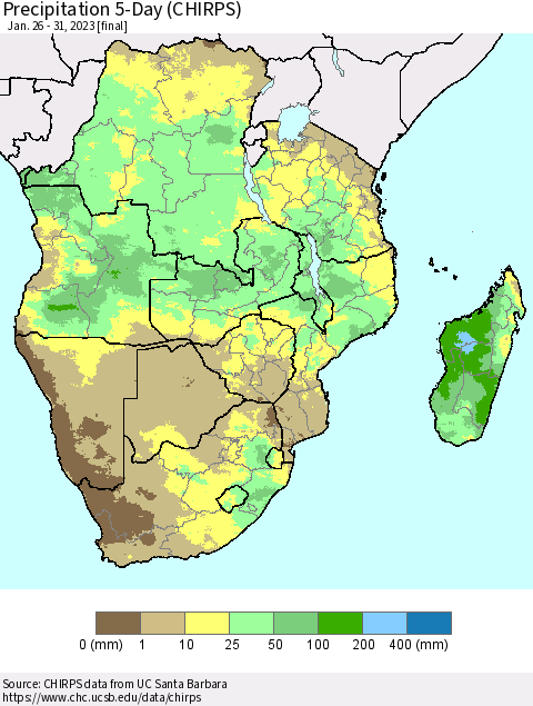 Southern Africa Precipitation 5-Day (CHIRPS) Thematic Map For 1/26/2023 - 1/31/2023