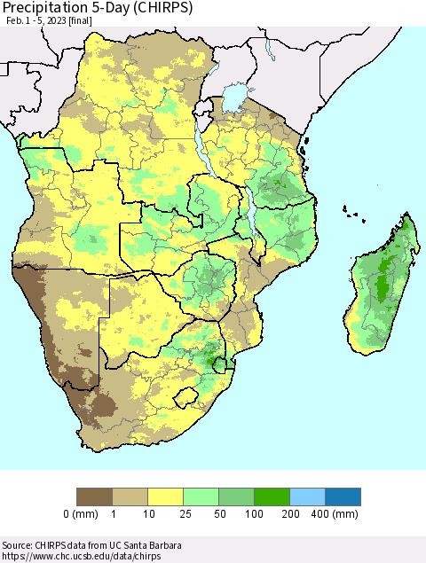 Southern Africa Precipitation 5-Day (CHIRPS) Thematic Map For 2/1/2023 - 2/5/2023