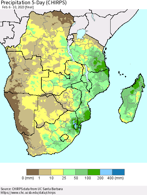 Southern Africa Precipitation 5-Day (CHIRPS) Thematic Map For 2/6/2023 - 2/10/2023