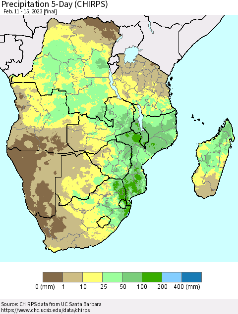 Southern Africa Precipitation 5-Day (CHIRPS) Thematic Map For 2/11/2023 - 2/15/2023