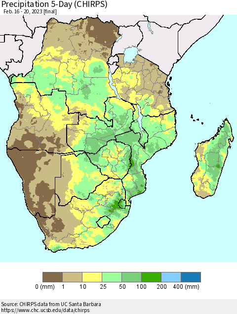 Southern Africa Precipitation 5-Day (CHIRPS) Thematic Map For 2/16/2023 - 2/20/2023