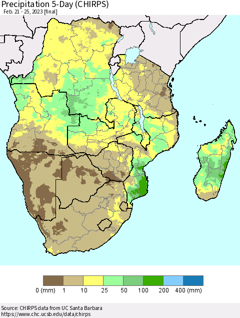 Southern Africa Precipitation 5-Day (CHIRPS) Thematic Map For 2/21/2023 - 2/25/2023