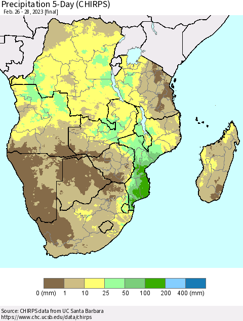 Southern Africa Precipitation 5-Day (CHIRPS) Thematic Map For 2/26/2023 - 2/28/2023