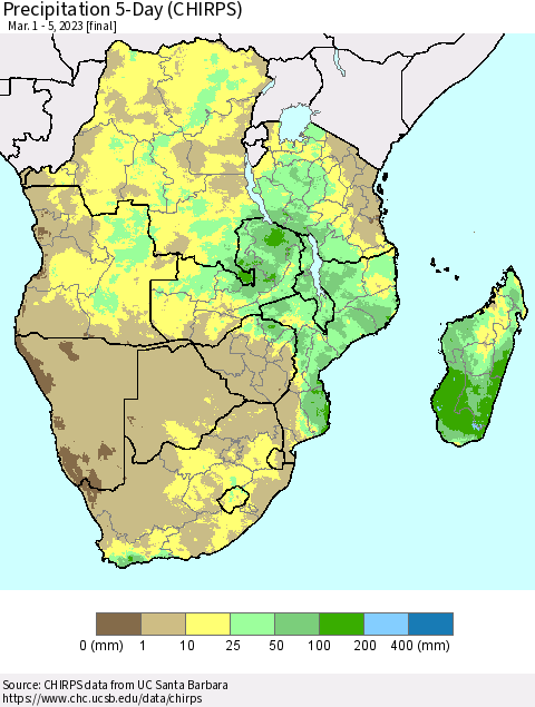 Southern Africa Precipitation 5-Day (CHIRPS) Thematic Map For 3/1/2023 - 3/5/2023