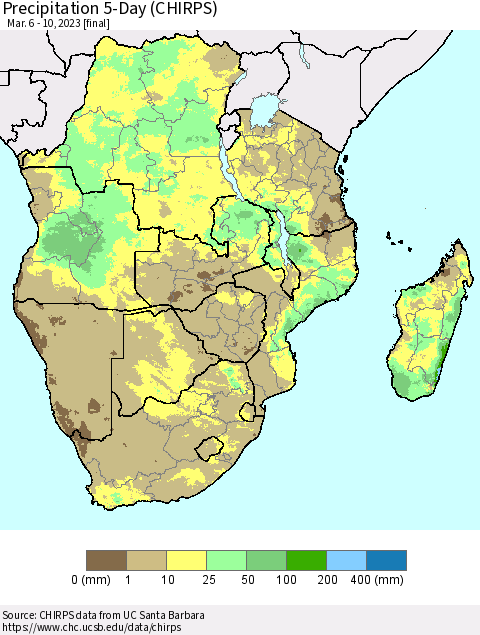 Southern Africa Precipitation 5-Day (CHIRPS) Thematic Map For 3/6/2023 - 3/10/2023
