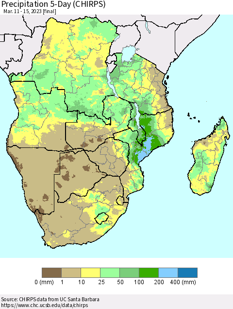 Southern Africa Precipitation 5-Day (CHIRPS) Thematic Map For 3/11/2023 - 3/15/2023
