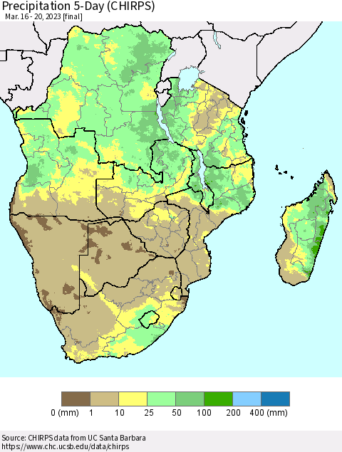 Southern Africa Precipitation 5-Day (CHIRPS) Thematic Map For 3/16/2023 - 3/20/2023