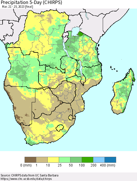 Southern Africa Precipitation 5-Day (CHIRPS) Thematic Map For 3/21/2023 - 3/25/2023