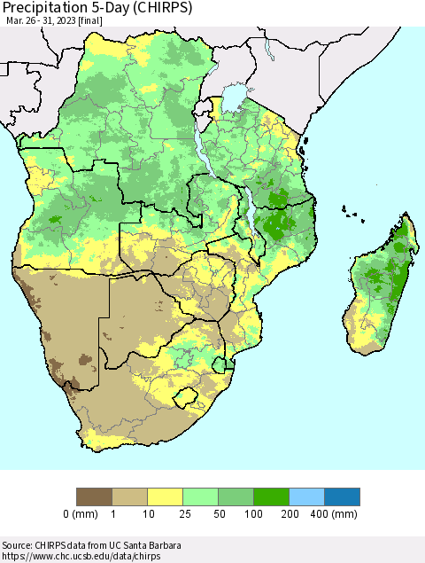 Southern Africa Precipitation 5-Day (CHIRPS) Thematic Map For 3/26/2023 - 3/31/2023