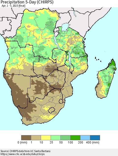 Southern Africa Precipitation 5-Day (CHIRPS) Thematic Map For 4/1/2023 - 4/5/2023
