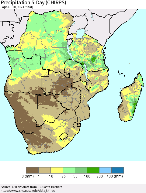 Southern Africa Precipitation 5-Day (CHIRPS) Thematic Map For 4/6/2023 - 4/10/2023