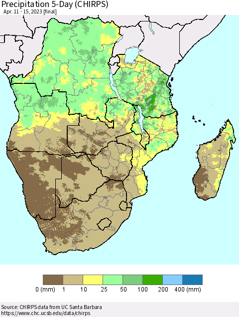 Southern Africa Precipitation 5-Day (CHIRPS) Thematic Map For 4/11/2023 - 4/15/2023