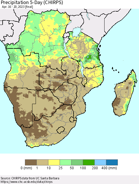 Southern Africa Precipitation 5-Day (CHIRPS) Thematic Map For 4/16/2023 - 4/20/2023