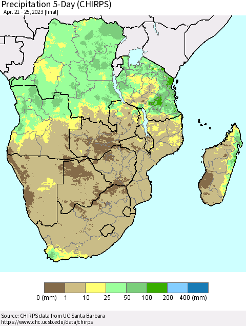 Southern Africa Precipitation 5-Day (CHIRPS) Thematic Map For 4/21/2023 - 4/25/2023