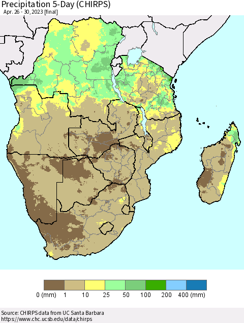Southern Africa Precipitation 5-Day (CHIRPS) Thematic Map For 4/26/2023 - 4/30/2023