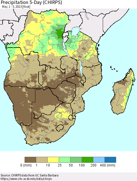 Southern Africa Precipitation 5-Day (CHIRPS) Thematic Map For 5/1/2023 - 5/5/2023