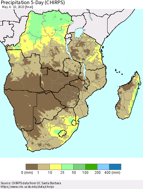 Southern Africa Precipitation 5-Day (CHIRPS) Thematic Map For 5/6/2023 - 5/10/2023
