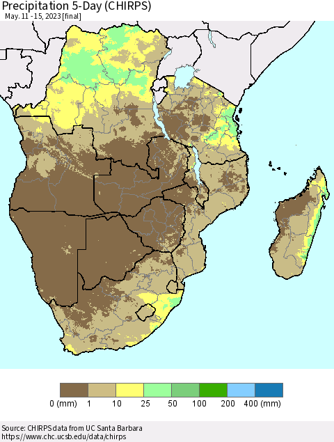 Southern Africa Precipitation 5-Day (CHIRPS) Thematic Map For 5/11/2023 - 5/15/2023