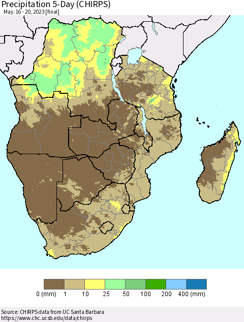 Southern Africa Precipitation 5-Day (CHIRPS) Thematic Map For 5/16/2023 - 5/20/2023