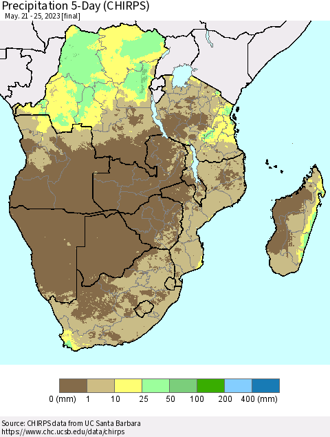 Southern Africa Precipitation 5-Day (CHIRPS) Thematic Map For 5/21/2023 - 5/25/2023