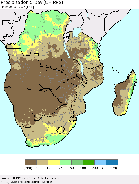 Southern Africa Precipitation 5-Day (CHIRPS) Thematic Map For 5/26/2023 - 5/31/2023