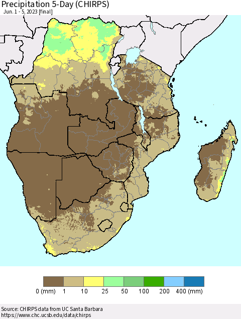 Southern Africa Precipitation 5-Day (CHIRPS) Thematic Map For 6/1/2023 - 6/5/2023