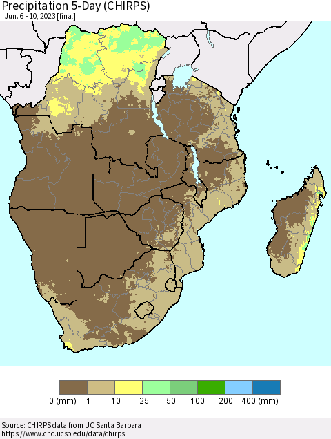 Southern Africa Precipitation 5-Day (CHIRPS) Thematic Map For 6/6/2023 - 6/10/2023