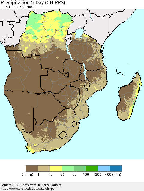 Southern Africa Precipitation 5-Day (CHIRPS) Thematic Map For 6/11/2023 - 6/15/2023