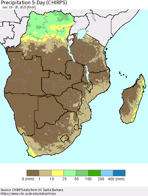 Southern Africa Precipitation 5-Day (CHIRPS) Thematic Map For 6/16/2023 - 6/20/2023