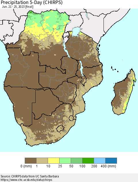 Southern Africa Precipitation 5-Day (CHIRPS) Thematic Map For 6/21/2023 - 6/25/2023