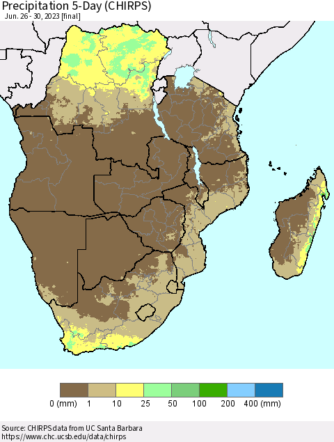 Southern Africa Precipitation 5-Day (CHIRPS) Thematic Map For 6/26/2023 - 6/30/2023