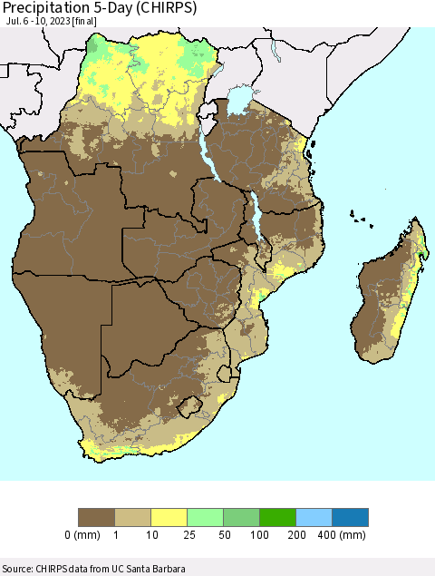 Southern Africa Precipitation 5-Day (CHIRPS) Thematic Map For 7/6/2023 - 7/10/2023