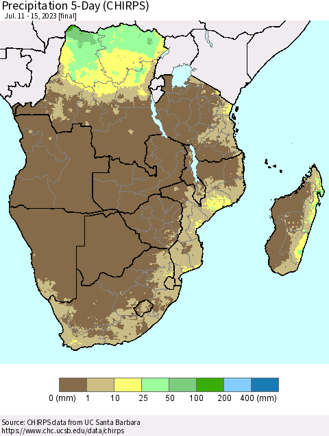 Southern Africa Precipitation 5-Day (CHIRPS) Thematic Map For 7/11/2023 - 7/15/2023