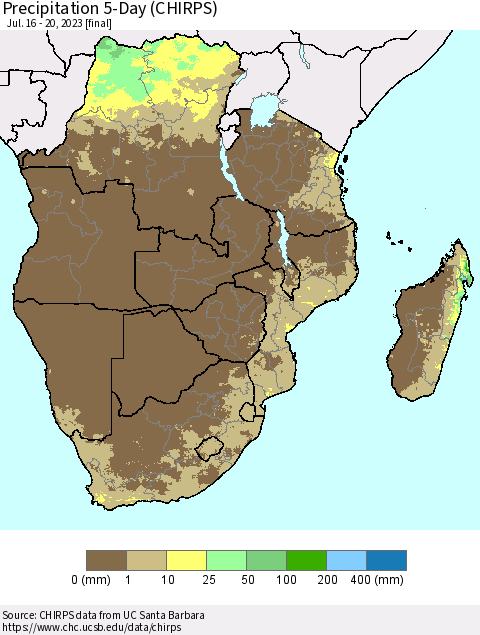 Southern Africa Precipitation 5-Day (CHIRPS) Thematic Map For 7/16/2023 - 7/20/2023