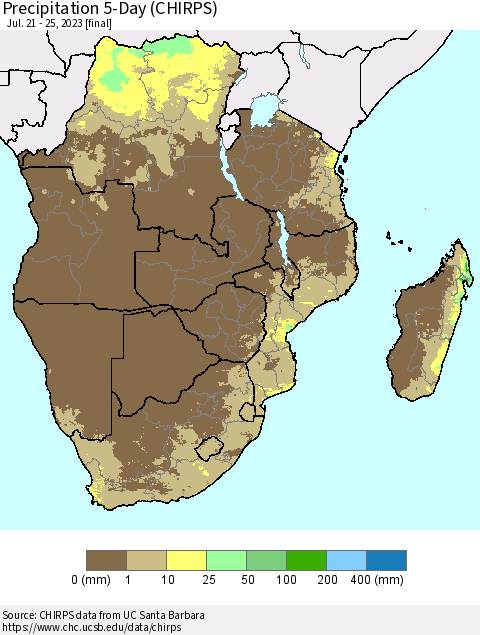 Southern Africa Precipitation 5-Day (CHIRPS) Thematic Map For 7/21/2023 - 7/25/2023