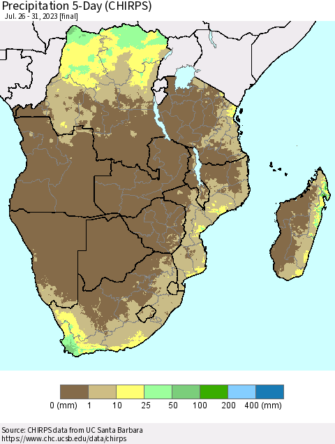 Southern Africa Precipitation 5-Day (CHIRPS) Thematic Map For 7/26/2023 - 7/31/2023