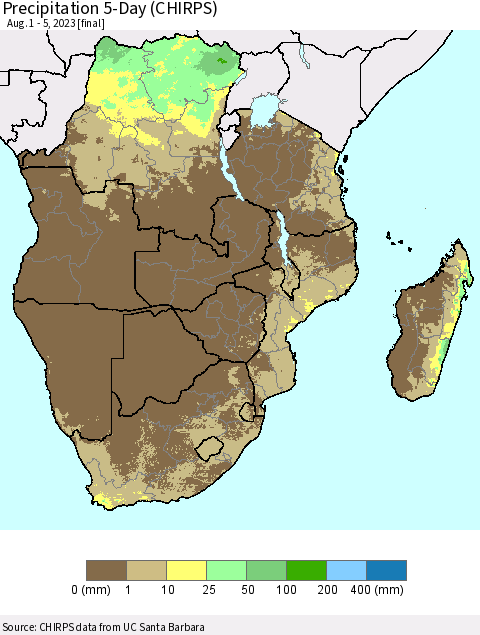 Southern Africa Precipitation 5-Day (CHIRPS) Thematic Map For 8/1/2023 - 8/5/2023