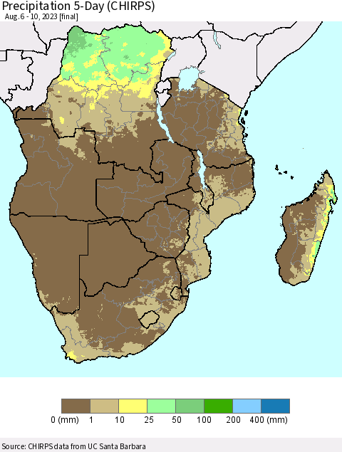Southern Africa Precipitation 5-Day (CHIRPS) Thematic Map For 8/6/2023 - 8/10/2023