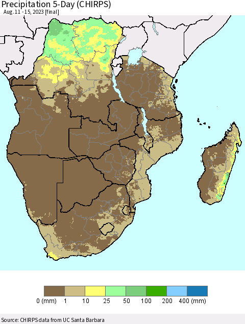 Southern Africa Precipitation 5-Day (CHIRPS) Thematic Map For 8/11/2023 - 8/15/2023