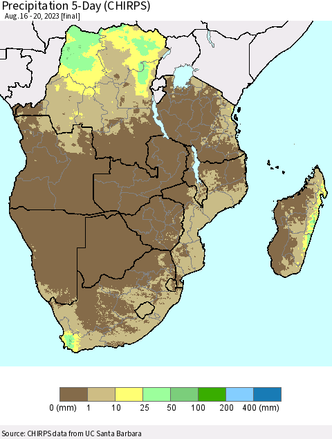 Southern Africa Precipitation 5-Day (CHIRPS) Thematic Map For 8/16/2023 - 8/20/2023