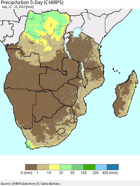 Southern Africa Precipitation 5-Day (CHIRPS) Thematic Map For 8/21/2023 - 8/25/2023