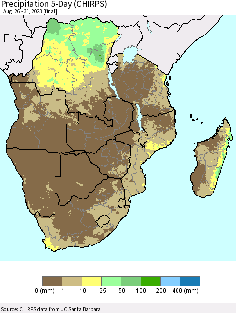 Southern Africa Precipitation 5-Day (CHIRPS) Thematic Map For 8/26/2023 - 8/31/2023