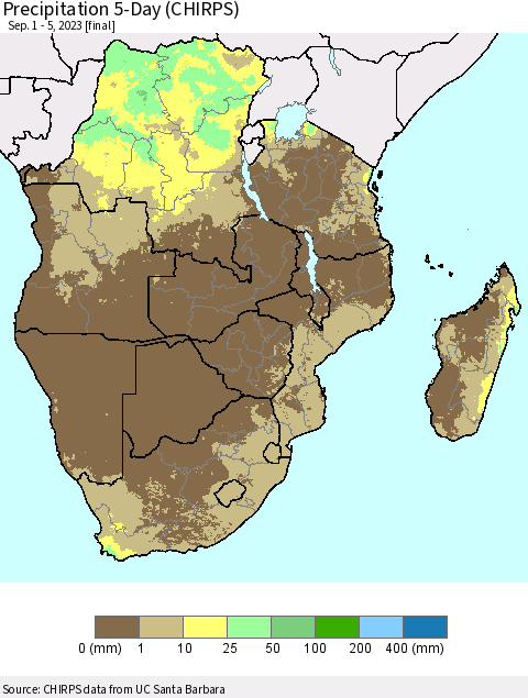 Southern Africa Precipitation 5-Day (CHIRPS) Thematic Map For 9/1/2023 - 9/5/2023