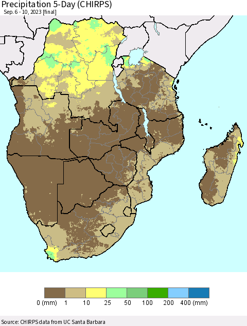 Southern Africa Precipitation 5-Day (CHIRPS) Thematic Map For 9/6/2023 - 9/10/2023