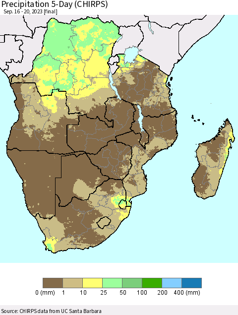 Southern Africa Precipitation 5-Day (CHIRPS) Thematic Map For 9/16/2023 - 9/20/2023