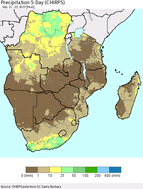 Southern Africa Precipitation 5-Day (CHIRPS) Thematic Map For 9/21/2023 - 9/25/2023