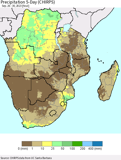 Southern Africa Precipitation 5-Day (CHIRPS) Thematic Map For 9/26/2023 - 9/30/2023